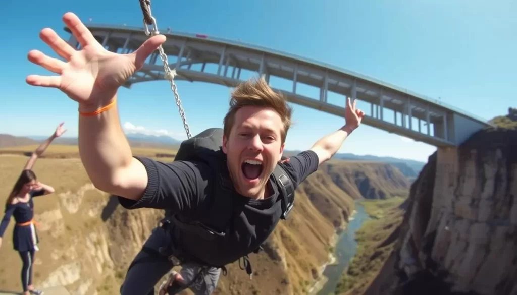 Image of a person bungee jumping off the Bloukrans Bridge with a thrilling expression