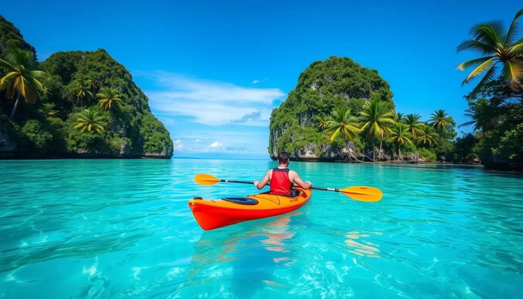 Image of a person kayaking around Pom Pom Island