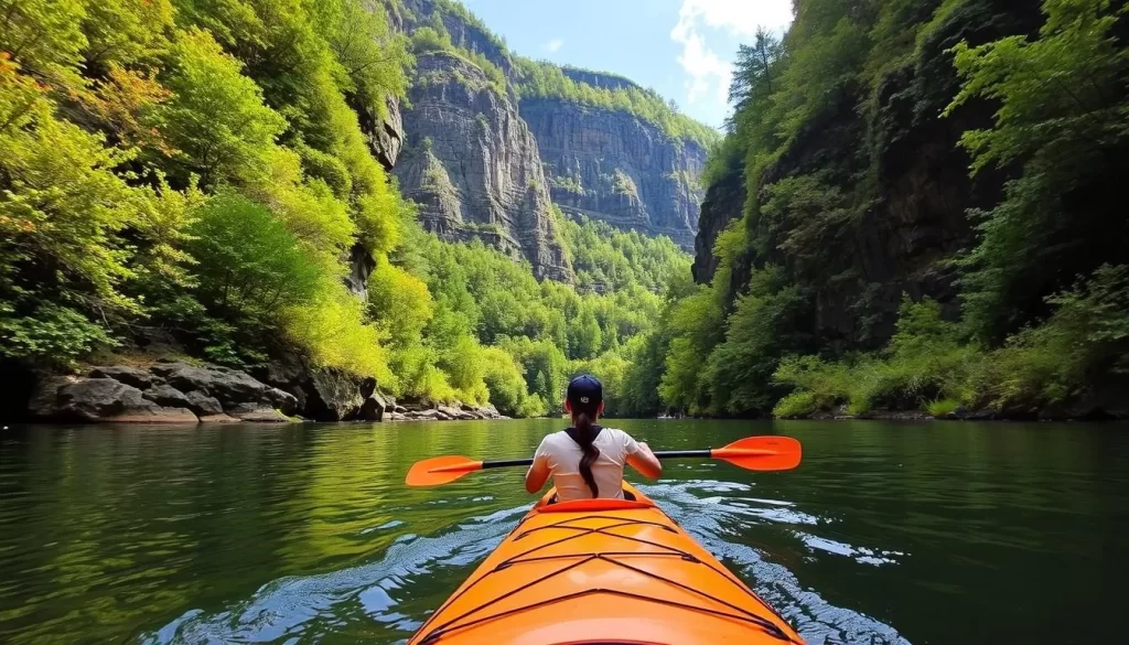 Image of a person kayaking in the Storms River Gorge surrounded by lush greenery and high cliffs