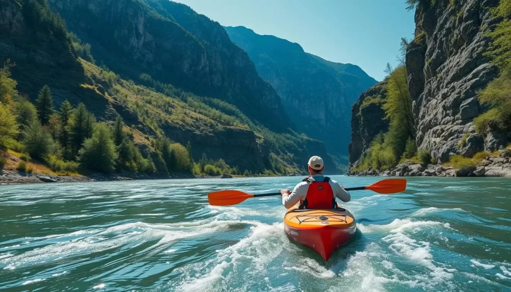 Image of a person kayaking on the Lesse River with scenic riverbanks and rocky cliffs.