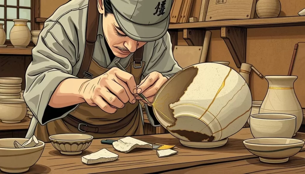 Image of a person repairing pottery with gold lacquer at a Kintsugi workshop