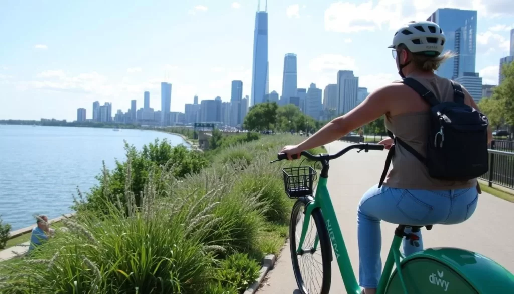 Image of a person riding a Divvy bike along the Lakefront Trail