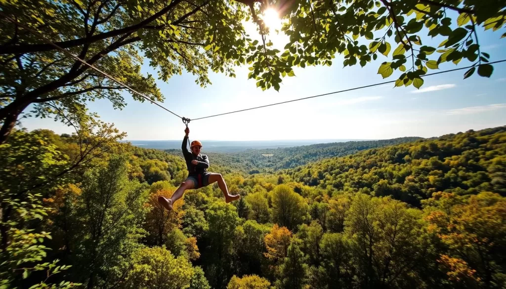Image of a person ziplining over a lush forest near Williamsburg