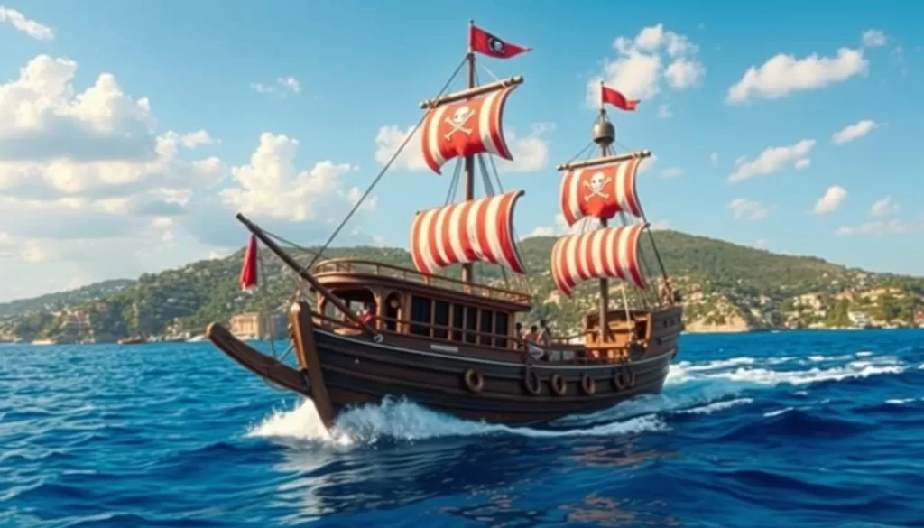 Image of a pirate-themed boat sailing along the Mediterranean coast near Side, Turkey