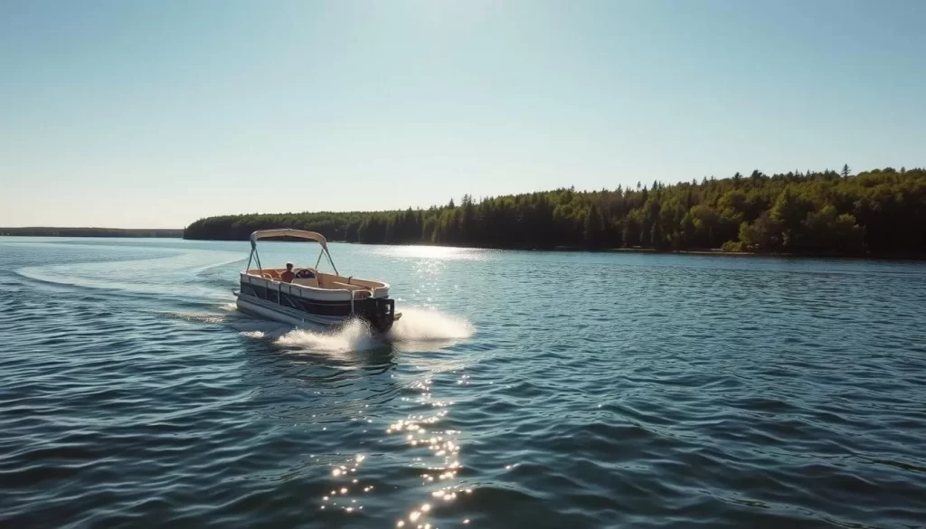 Image of a pontoon boat cruising on Lake Minocqua