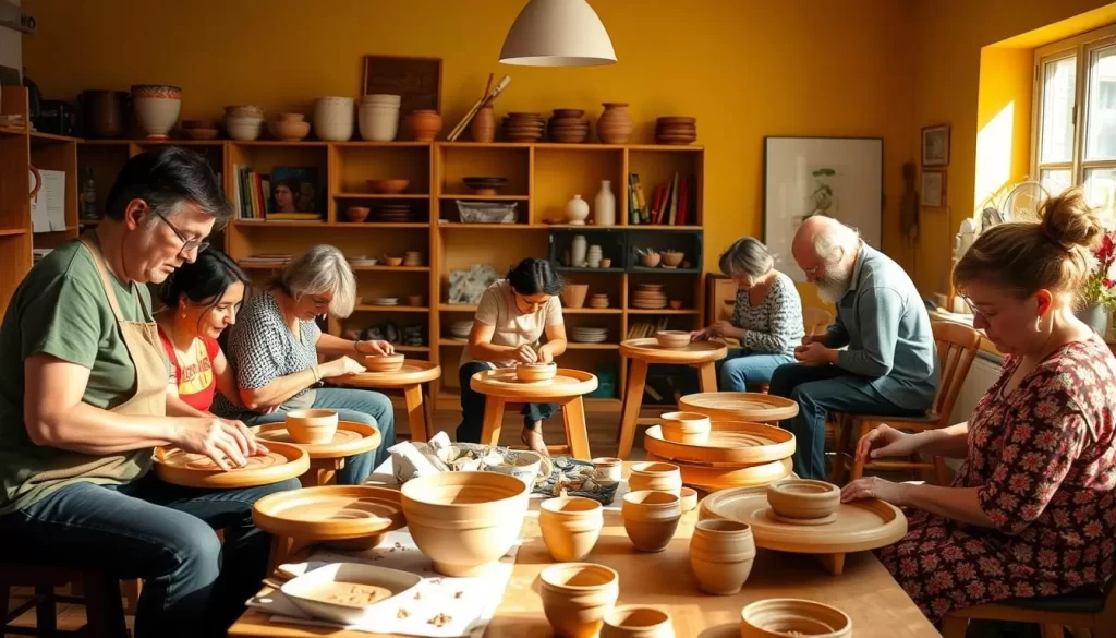 Image of a pottery class in progress, with participants shaping clay on potter's wheels.