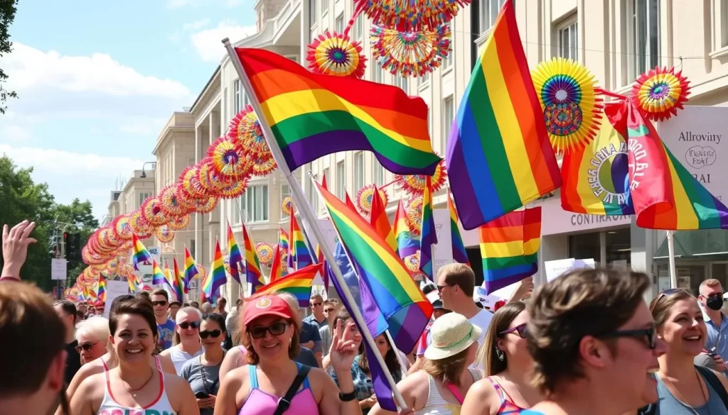 Image of a pride parade with rainbow flags and happy participants