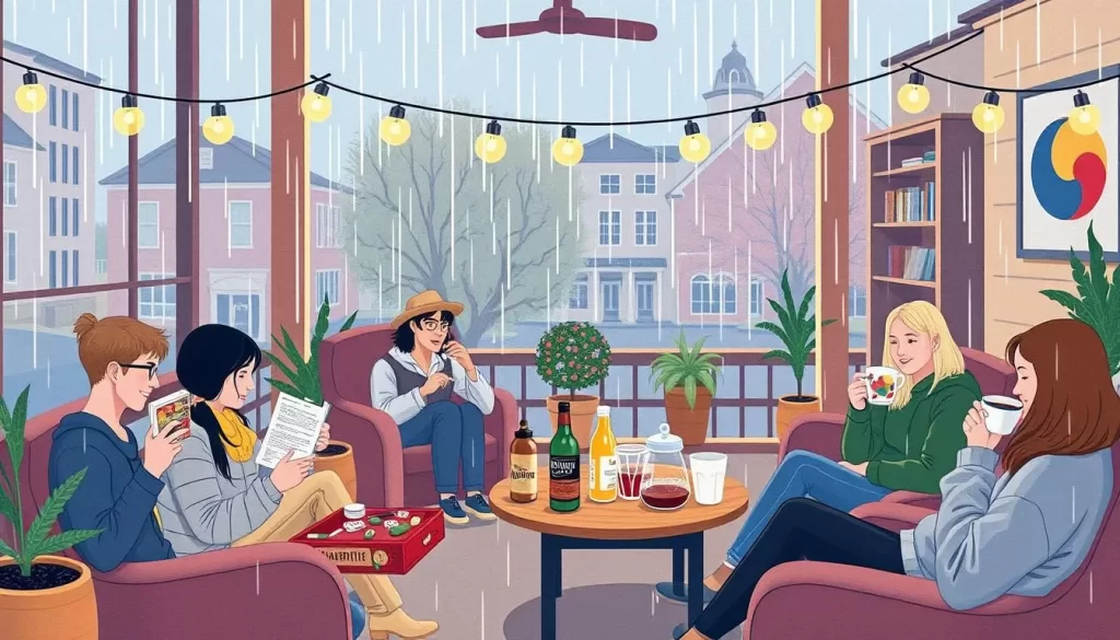 Image of a rainy day in Charlottesville with people enjoying indoor activities