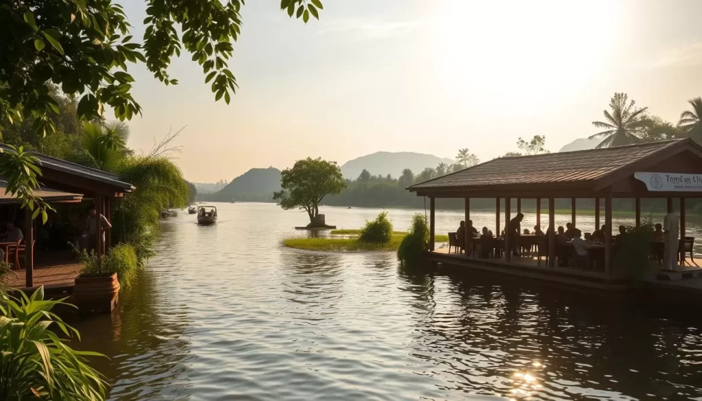 Image of a riverside restaurant in Kanchanaburi with a serene view of the River Kwai