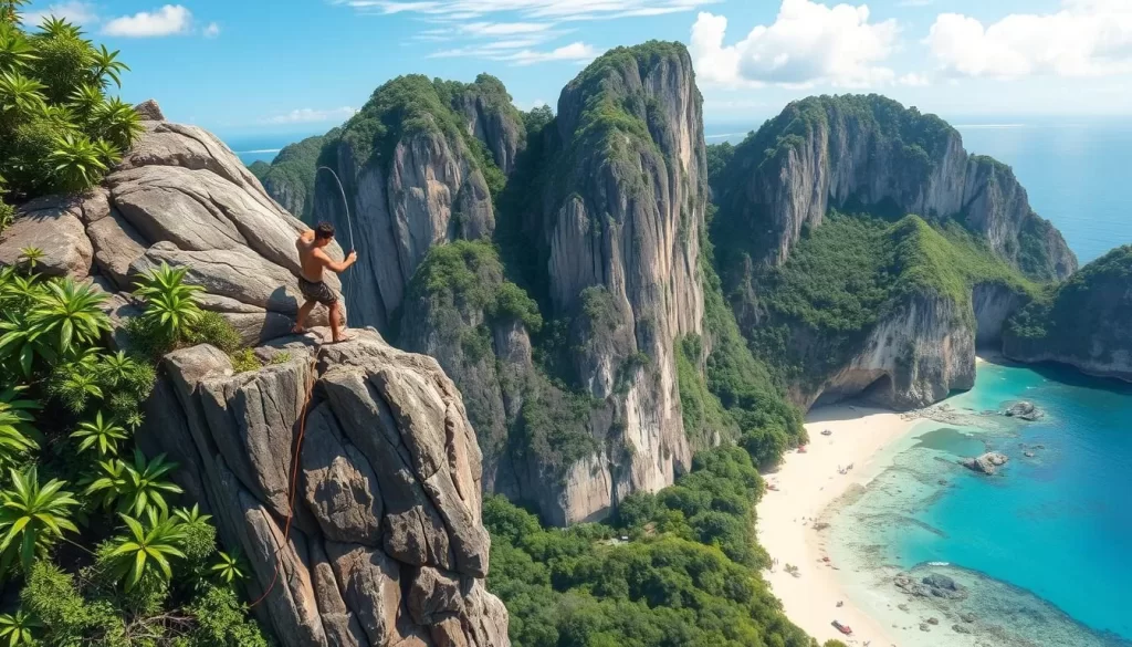 Image of a rock climber scaling a limestone cliff at Railay Beach