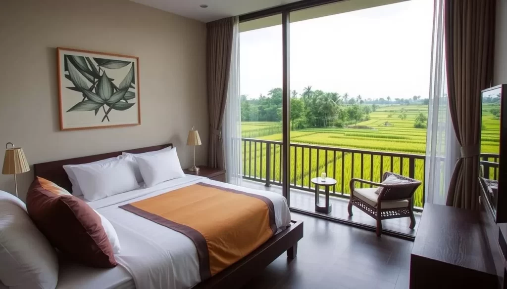 Image of a room at Padi Box with a private balcony overlooking the paddy fields