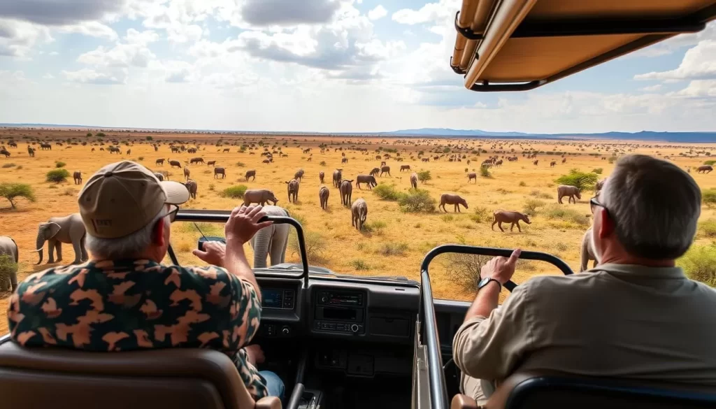 Image of a safari game drive in Mikumi National Park, Tanzania, with a vehicle spotting wildlife in the savannah.