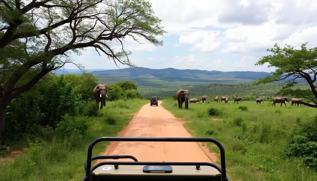 Image of a safari vehicle driving towards Mikumi National Park