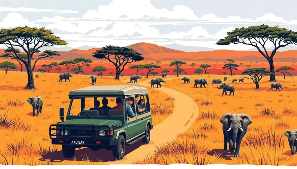 Image of a safari vehicle in Hluhluwe-Imfolozi Park with the Big Five in the savannah.
