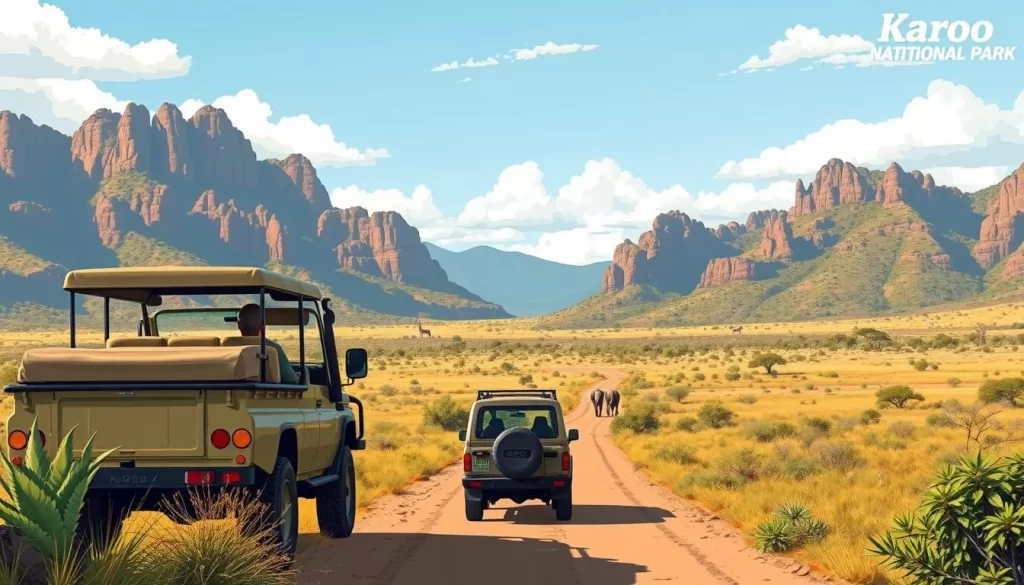 Image of a safari vehicle in Karoo National Park during a game drive