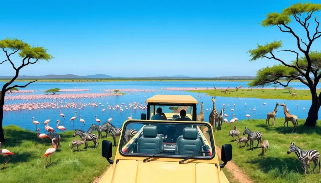 Image of a safari vehicle in Lake Nakuru National Park, with diverse wildlife in the surroundings.
