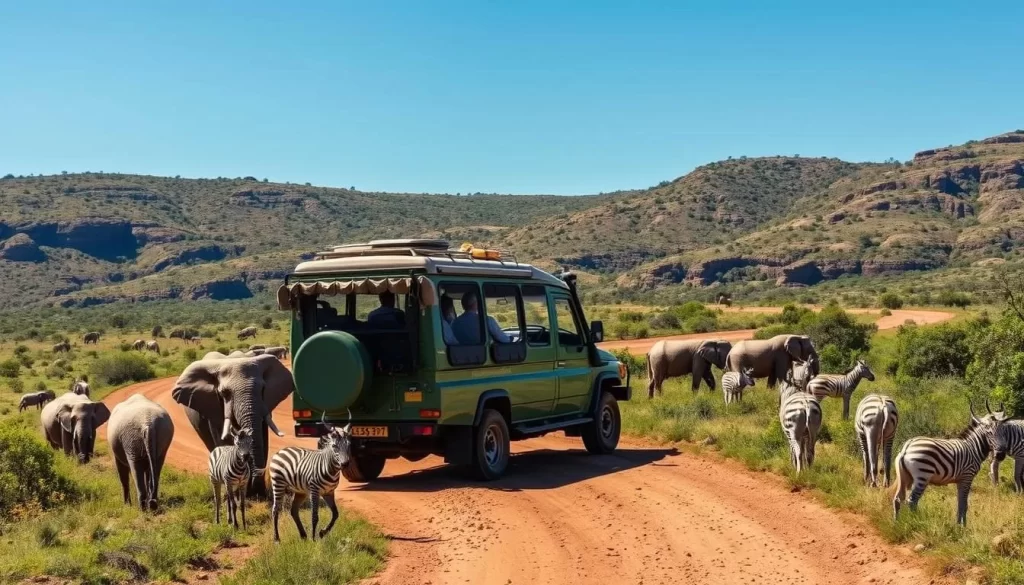 Image of a safari vehicle in Pilanesberg National Park, with wildlife in the foreground.