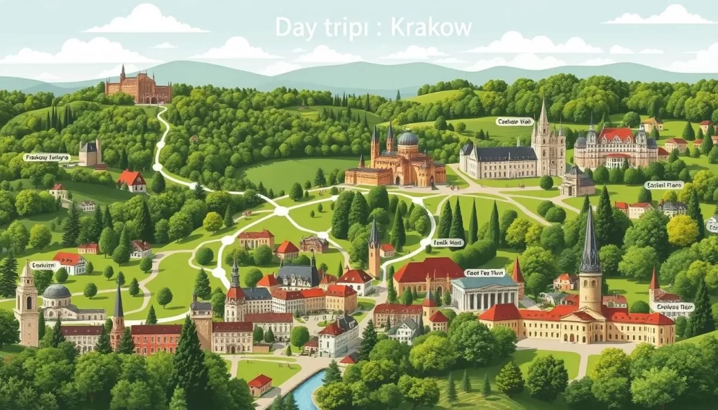 Image of a scenic day trip route around Kraków