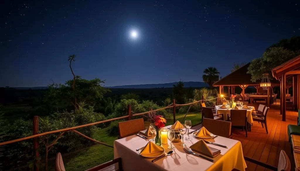 Image of a scenic dinner setup at a lodge in South Island National Park, Kenya
