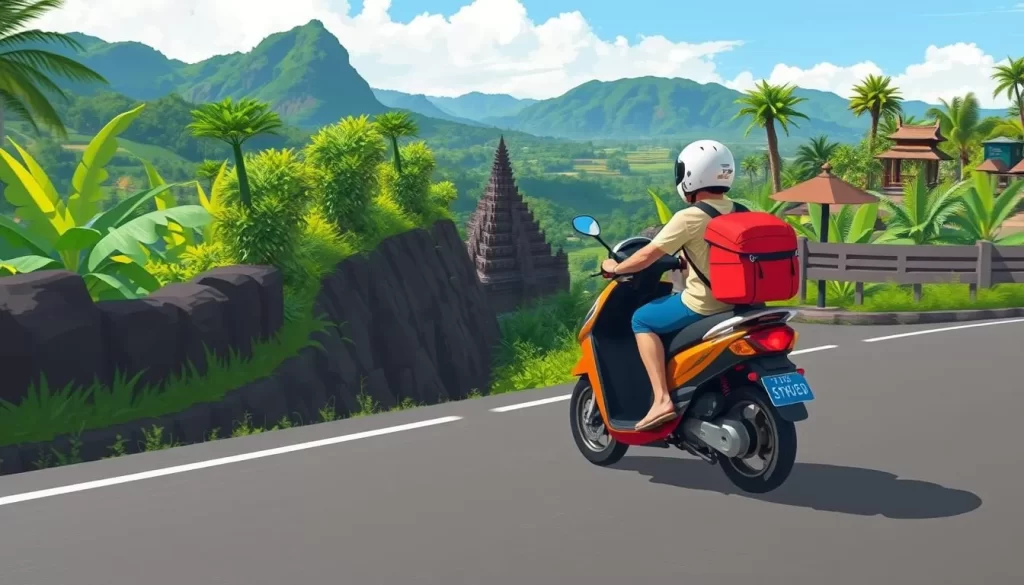 Image of a scooter rider navigating through Bali's scenic roads