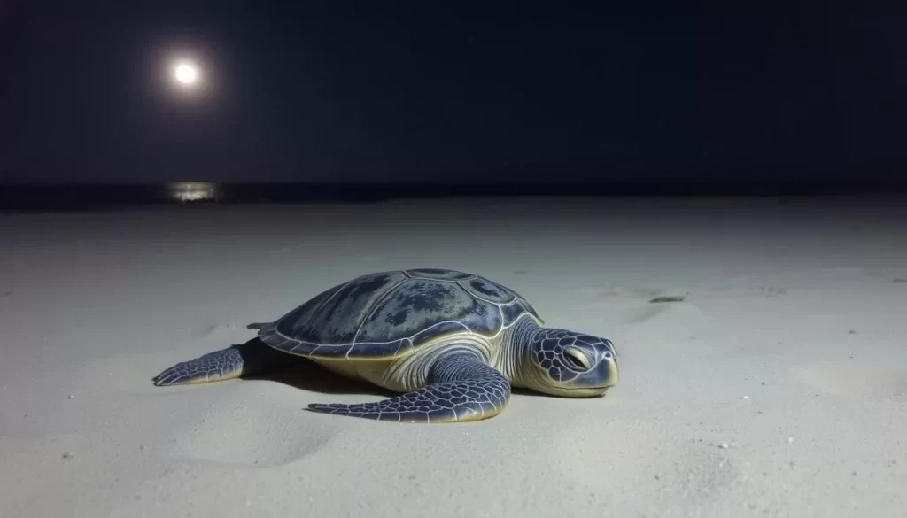Image of a sea turtle nesting on Lang Tengah Island's beach at night