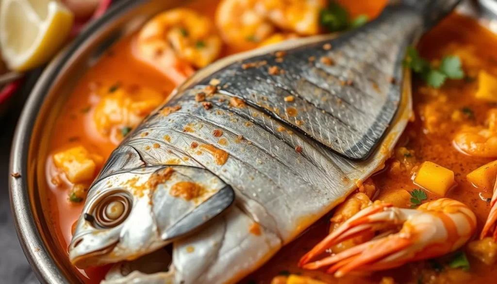 Image of a seafood dish from Daman, such as fish curry or prawns