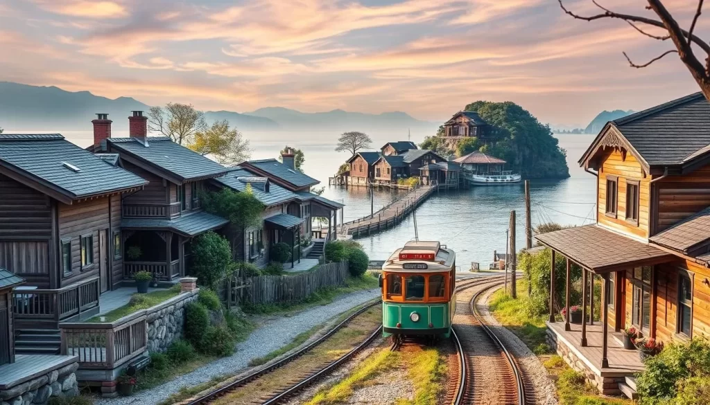 Image of a serene Princes' Islands landscape with vintage trams and old wooden houses.