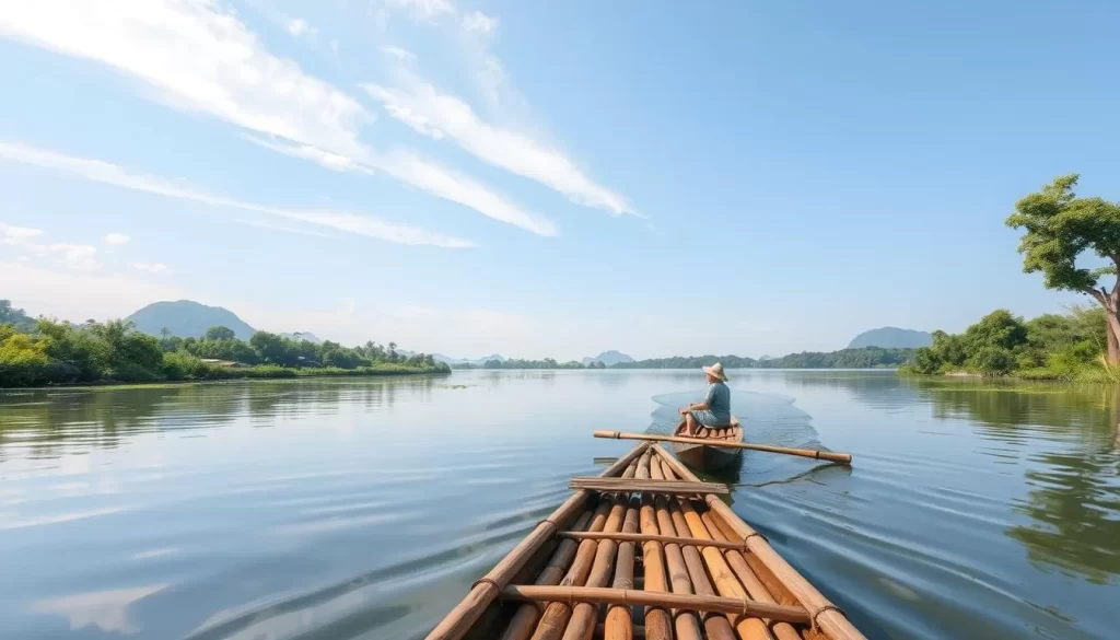 Image of a serene bamboo raft floating down the River Kwai
