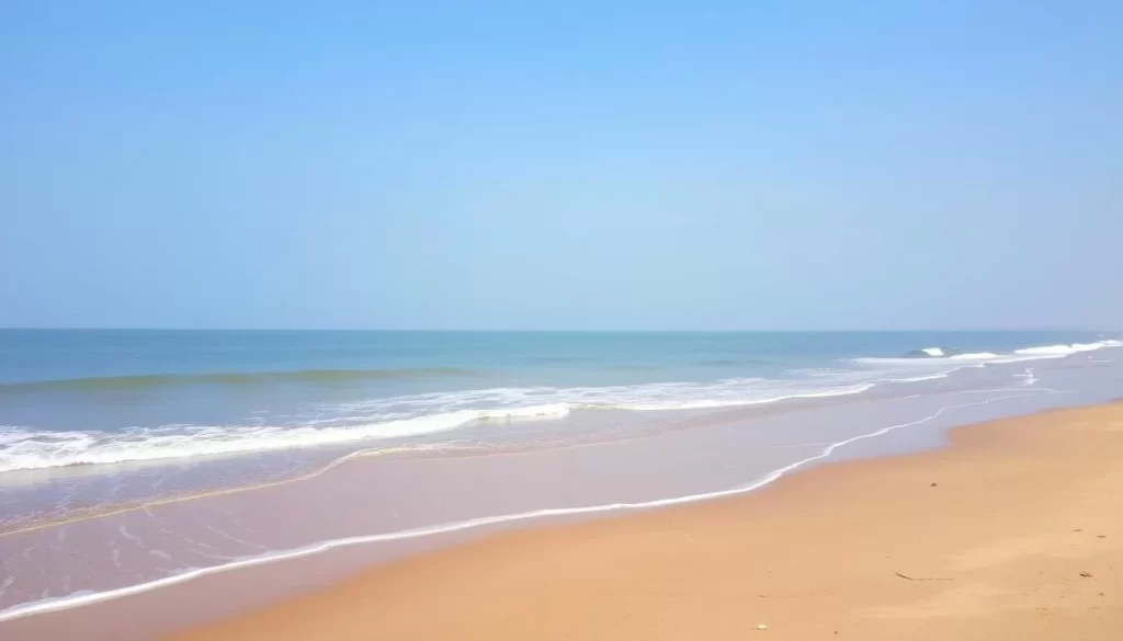 Image of a serene beach in Puri, Odisha with clear blue skies and gentle waves.