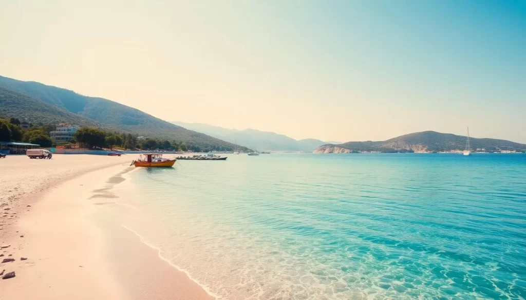 Image of a serene beach on the Bodrum Peninsula with crystal-clear waters and soft sand