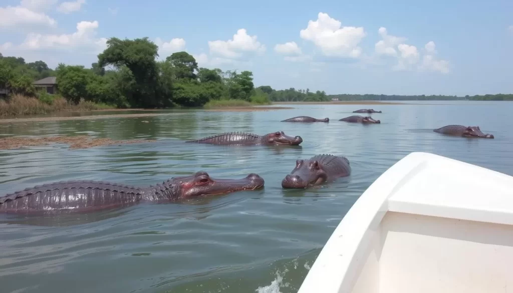 Image of a serene boat cruise on St. Lucia Estuary with hippos and crocodiles in the background