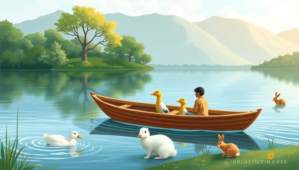 Image of a serene boat ride on Bhulla Lake with ducks swimming and rabbits hopping around