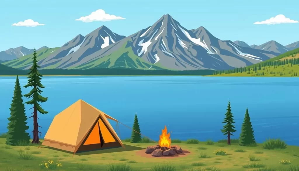 Image of a serene campsite near Earthquake Lake, Montana, with mountains in the background.