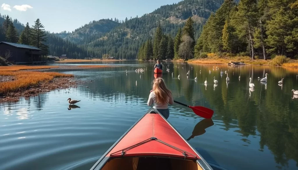 Image of a serene canoeing scene on the Momella Lakes with diverse wildlife and birds around.