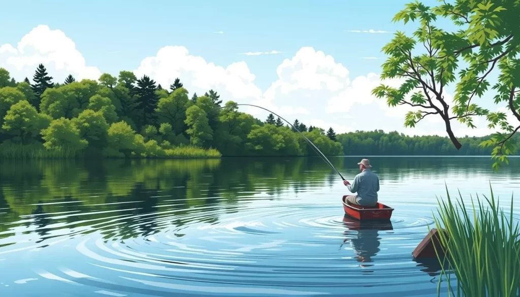 Image of a serene fishing spot at Buckhorn Lake with a fisherman in action.