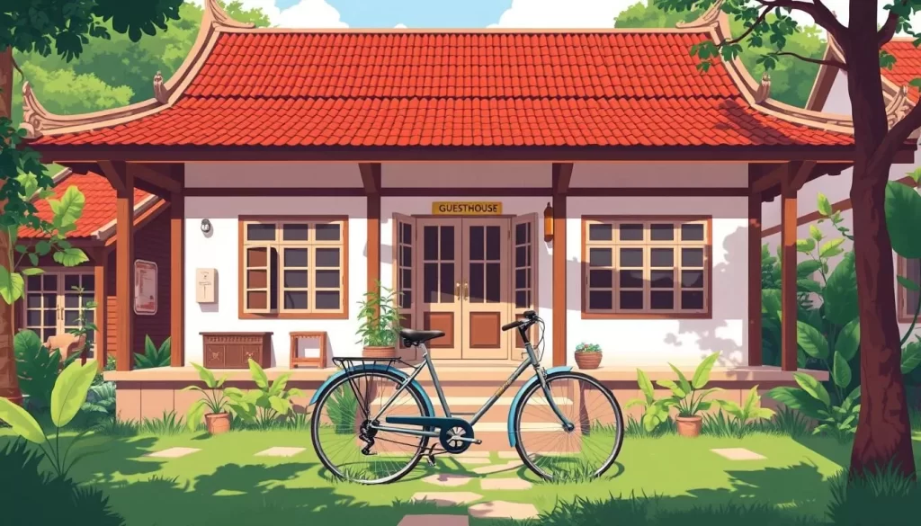Image of a serene guesthouse in Sukhothai's old city, with a bicycle parked outside.