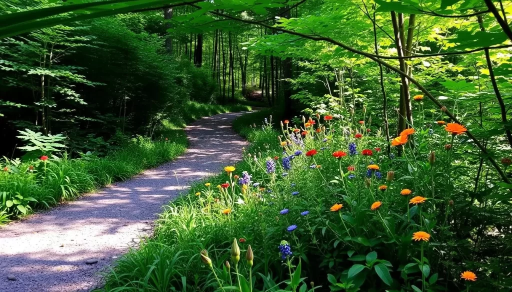 Image of a serene hiking trail in Fiskeville, Rhode Island, surrounded by lush greenery and vibrant wildflowers.