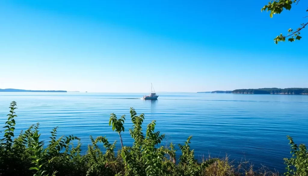 Image of a serene lake in the Masurian Lake District with a boat sailing in the distance.