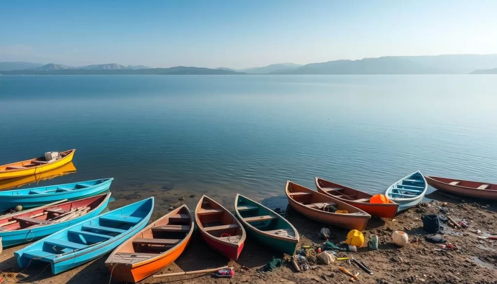 Image of a serene lake with various boats and fishing gear