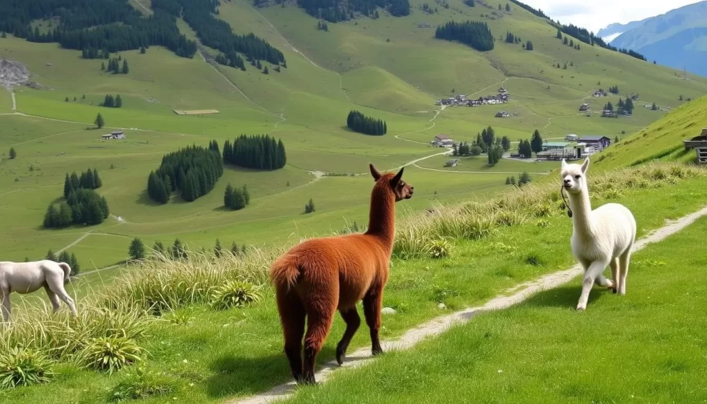 Image of a serene landscape near Steg, Liechtenstein, with llamas and alpacas walking along a trail