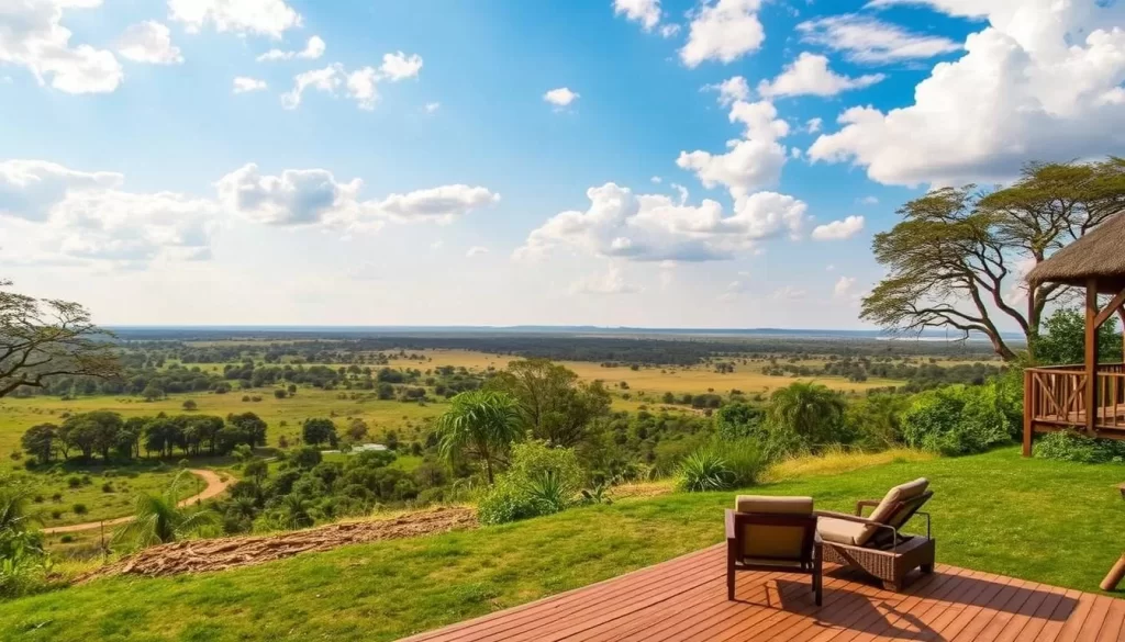 Image of a serene lodge near Sarakawa Park, Togo, with African savanna views