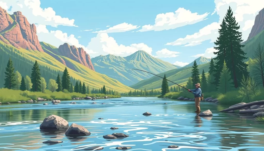 Image of a serene river scene in Park City with a fly fisherman in action.