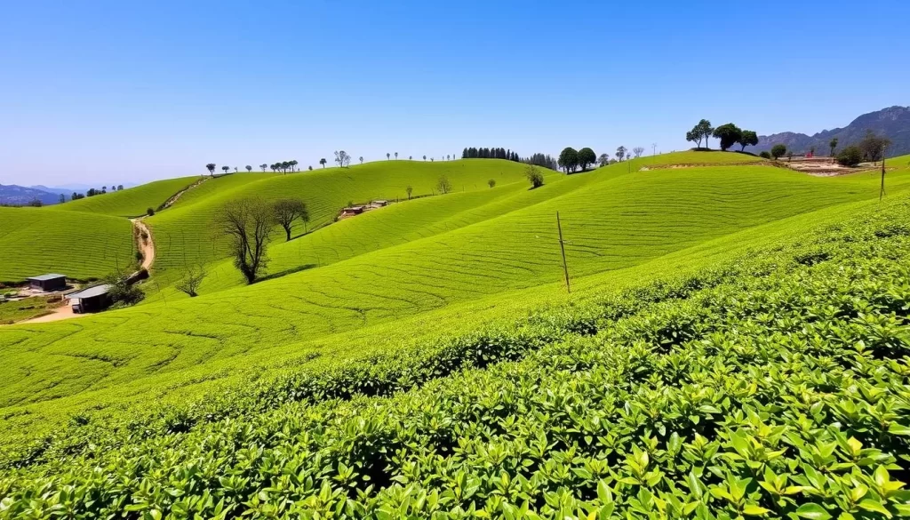 Image of a serene tea farm in Shizhuo or Xiding with lush green tea plantations