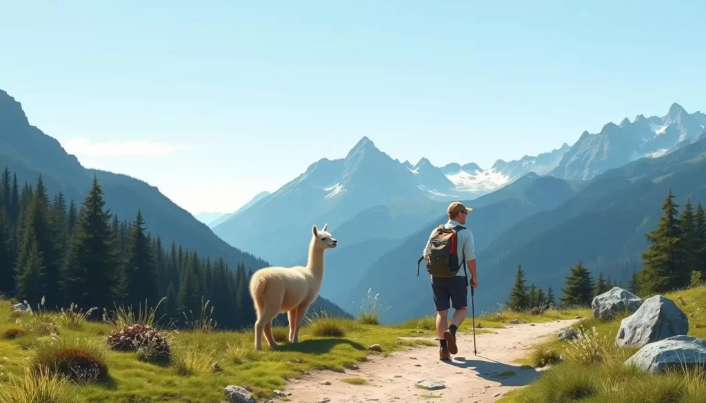 Image of a serene trail in Liechtenstein with llamas or alpacas walking alongside a visitor