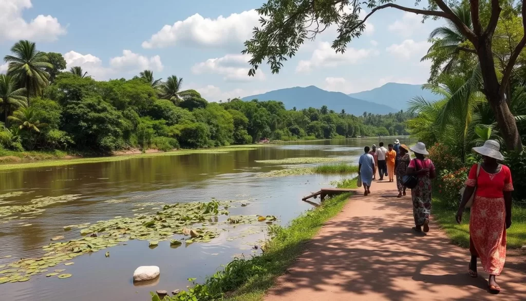 Image of a serene walk along the Atakpamé River in Aneho, Togo, showcasing local life and natural beauty.