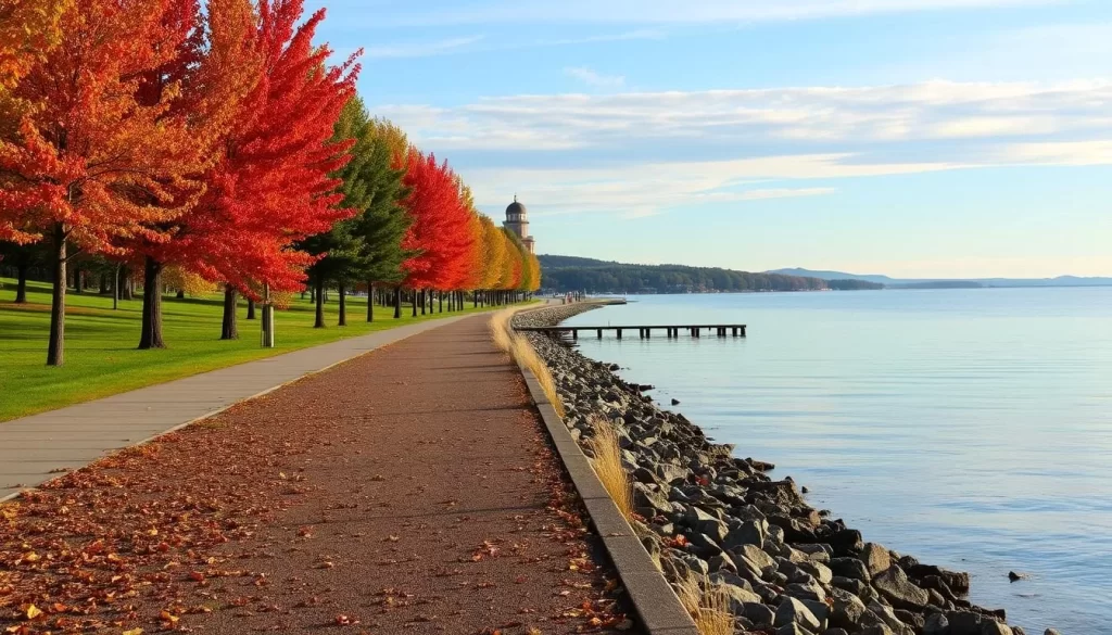 Image of a serene walk along the Lake Geneva Shore Path during autumn