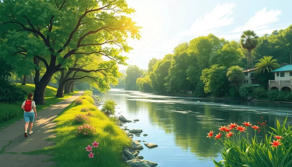 Image of a serene walk along the Tomebamba River in Cuenca, Ecuador