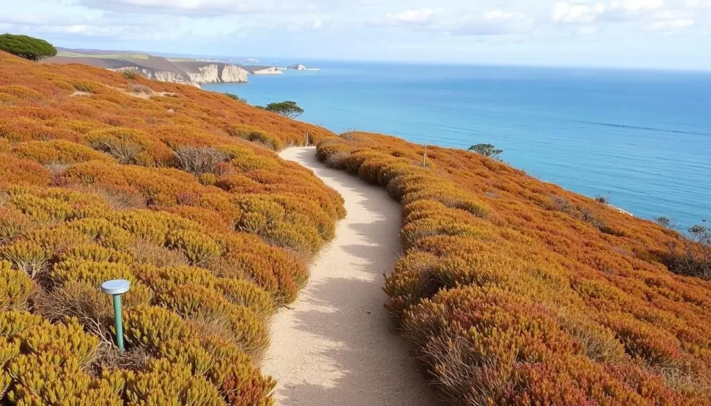 Image of a serene walking trail through a coastal heathland