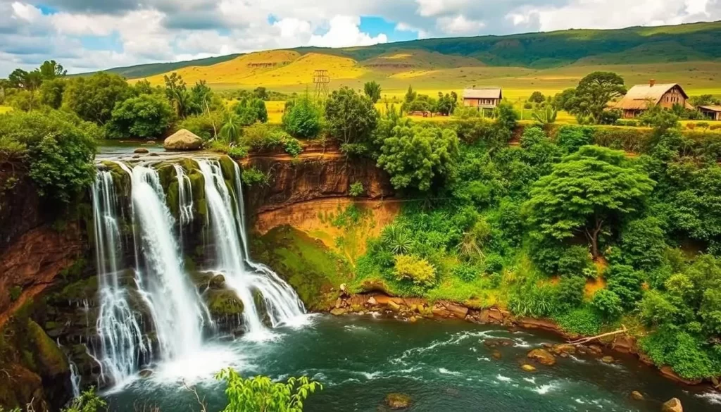 Image of a serene waterfall surrounded by lush greenery near Eldoret, Kenya