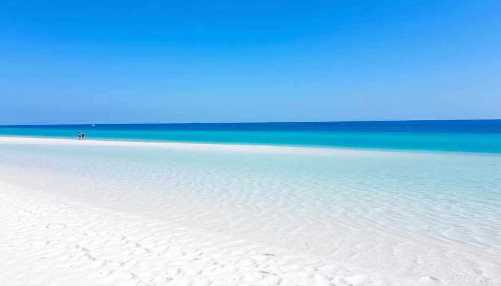 Image of a serene white sand beach in Gulf State Park with clear blue waters and a few beachgoers in the distance.